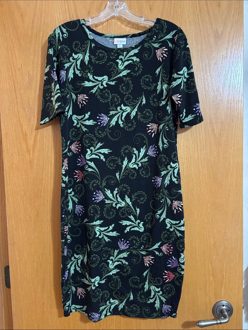 LuLaRoe Black Midi Dress with Green, Purple, and Pink Floral Print